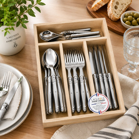 Andre Verdier 24 piece stainless steel cutlery set with steak knives crafted in France