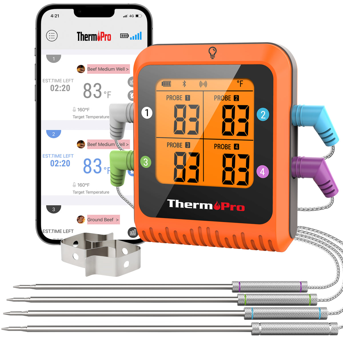ThermoPro Thermometer Bluetooth Wireless with 4 Colour-coated Probes