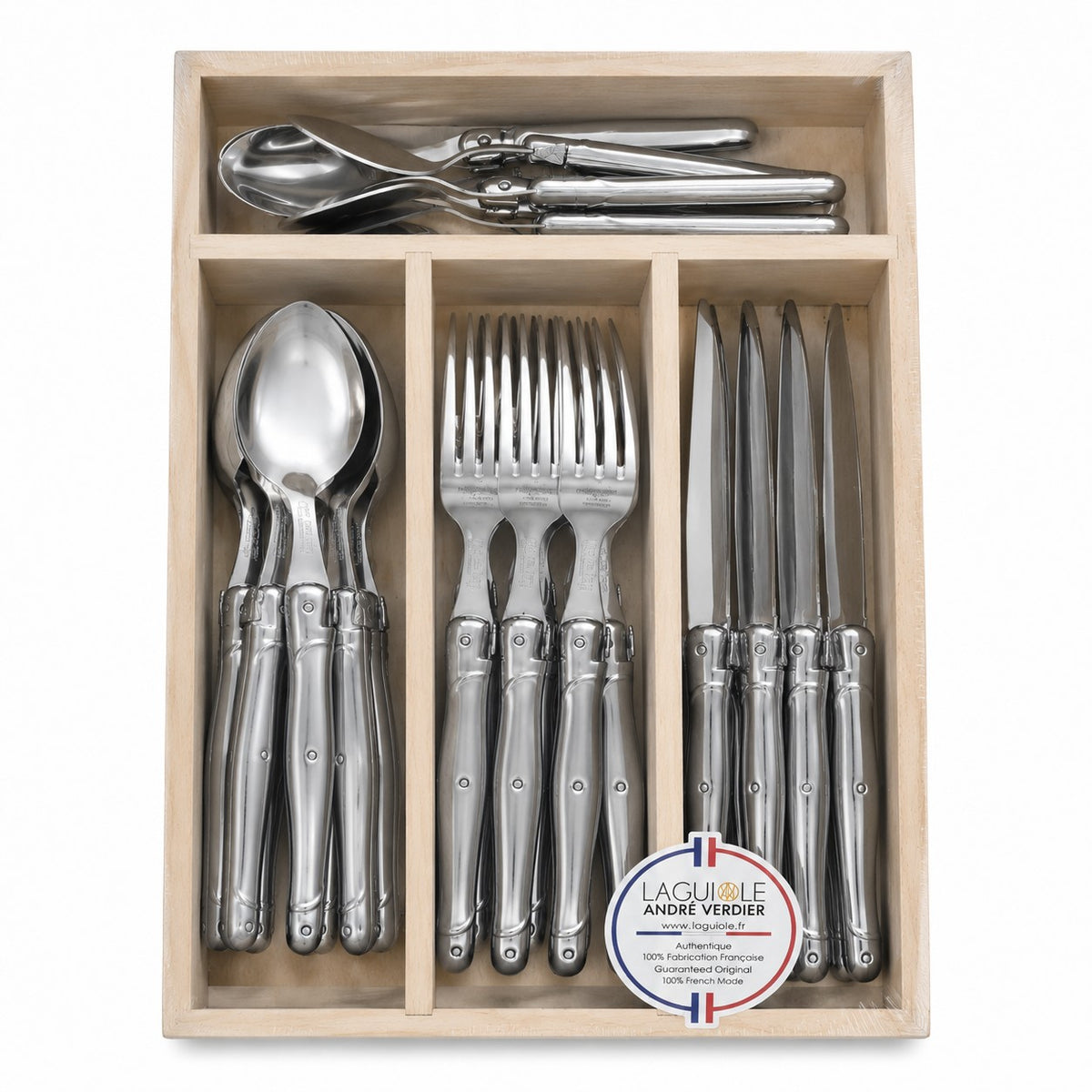 Andre Verdier 24 piece stainless steel cutlery set with steak knives crafted in France