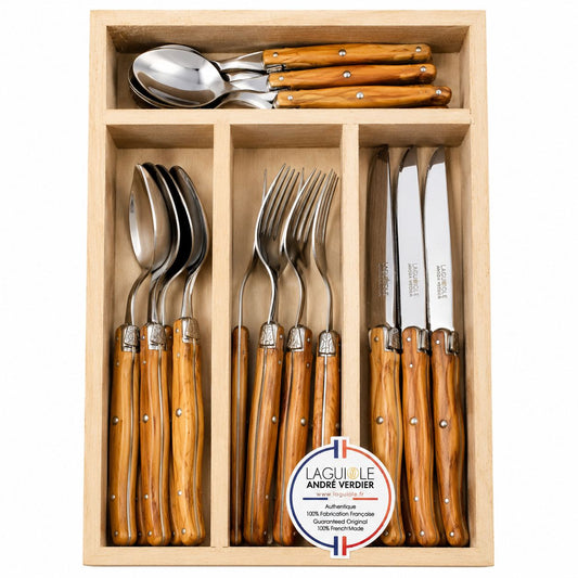 Andre Verdier 16 piece stainless steel cutlery set with natural olive wood handles crafted in France