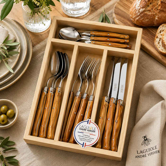 Andre Verdier 16 piece stainless steel cutlery set with natural olive wood handles crafted in France