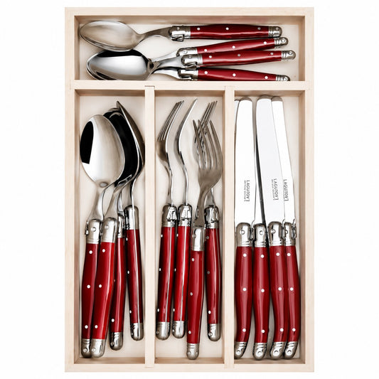 Andre Verdier 16 piece stainless steel cutlery set with cherry red handles crafted in France