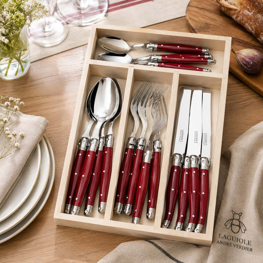 Andre Verdier 16 piece stainless steel cutlery set with cherry red handles crafted in France