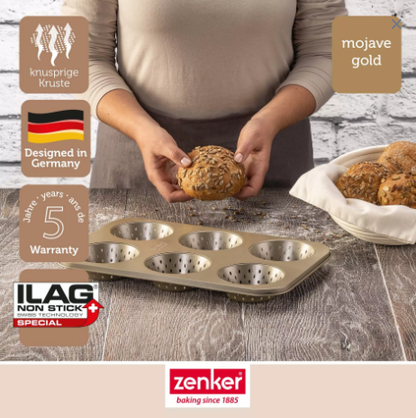 Zenker 6-Hole Bread Roll Baking Tray – Non-Stick Perforated Roll Pan Gold Finish
