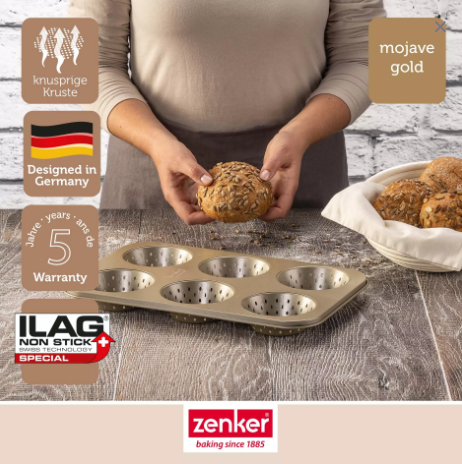 Zenker 6-Hole Bread Roll Baking Tray – Non-Stick Perforated Roll Pan Gold Finish