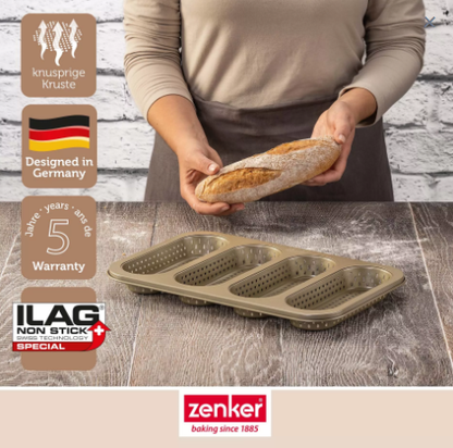 Zenker 4-Hole Mini Baguette Baking Tray – Gold Non-Stick Perforated Pan